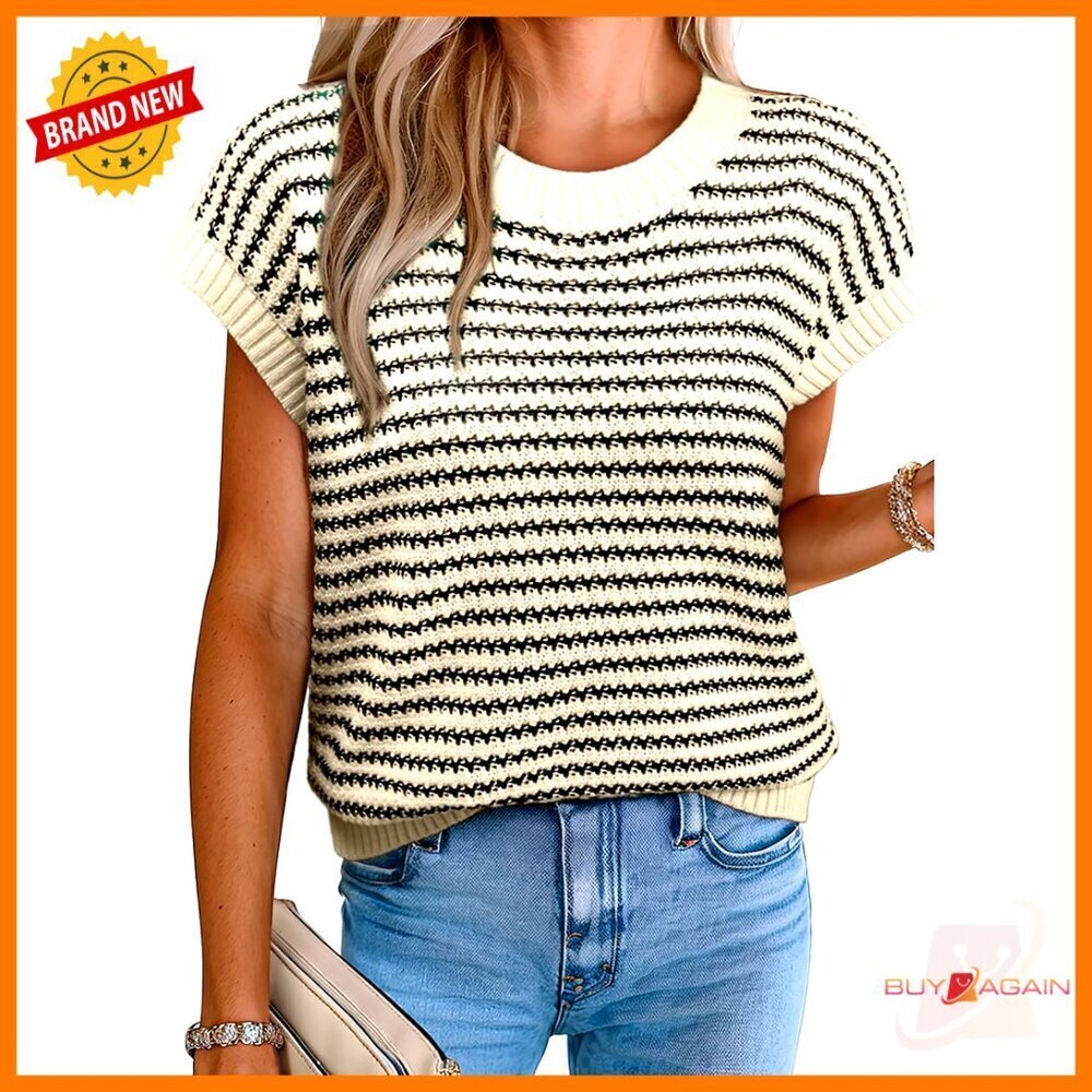 Striped Sweater Vest Pullover Tank Top Round Neck Cap Sleeve Lightweight Summer